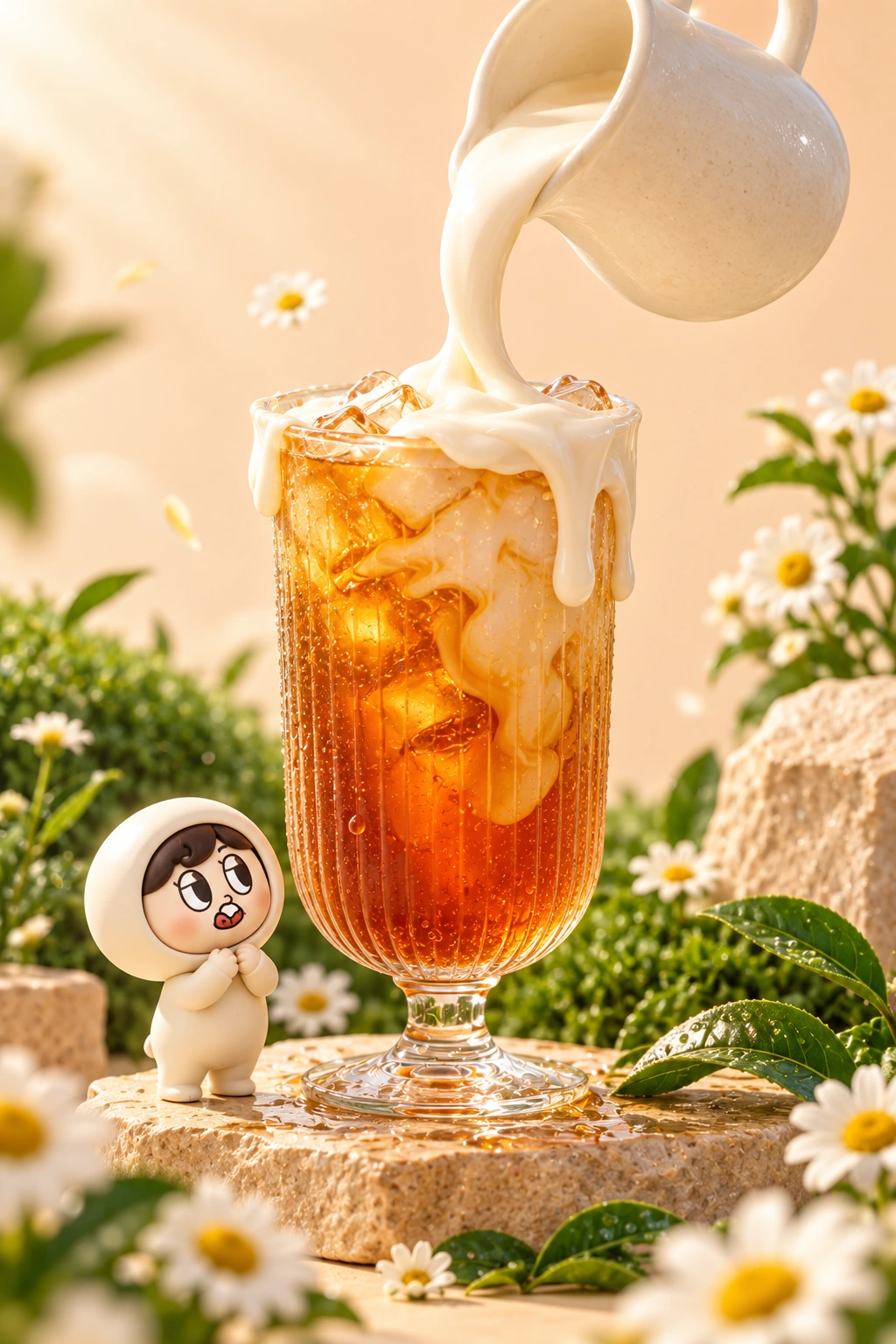 奶蓋如絲帶般注入茶杯,抿寶在杯邊仰望